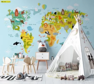 ภาพงานศิลปะแผนที่โลกการ์ตูนสีฟ้าอ่อนพร้อมสัตว์น่ารักที่ช่วยสร้างบรรยากาศสงบและกระตุ้นความคิดสร้างสรรค์ในห้องเด็ก