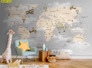 ภาพงานศิลปะแผนที่โลกโทนสีเทาครีมพร้อมบอลลูนอากาศและเครื่องบินไบเพลนที่ผสมผสานความคลาสสิกกับการศึกษาเหมาะสำหรับห้องเด็กสไตล์วินเทจ