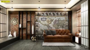 ห้องนั่งเล่นสไตล์อินดัสเทรียล ตกแต่งด้วยวอลเปเปอร์ลายแผนที่โบราณ ผนังอิฐเปลือย โซฟาหนังน้ำตาล