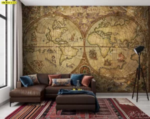 วอลเปเปอร์ลายแผนที่โลกโทนสีน้ำตาลเข้มสไตล์คลาสสิกในห้องนั่งเล่น โซฟาหนังสีน้ำตาลเข้มและพรมลายไทยเสริมความหรูหราและอบอุ่น