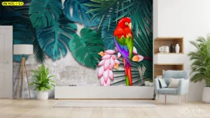 ภาพศิลปะนกแก้วสีแดงท่ามกลางใบไผ่เขียวและดอกไม้สีชมพูสำหรับตกแต่งห้องรับแขกสไตล์เขตร้อนที่สร้างบรรยากาศอบอุ่นให้คนรักธรรมชาติ