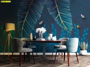 วอลเปเปอร์แคนวาสทอง ลายใบไม้และผีเสื้อฟ้า-ทอง ตกแต่งห้องอาหารหรือห้องประชุม เพิ่มความสดใสโมเดิร์นให้พื้นที่