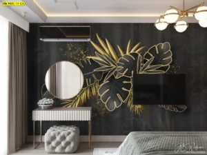 วอลเปเปอร์ผ้าแคนวาสทอง ดีไซน์ใบไม้ทองดำสลับเฉด ดูโมเดิร์นหรูหราสำหรับตกแต่งห้องนอน โรงแรม หรือคาเฟ่ ให้ความรู้สึกอบอุ่นและทันสมัย