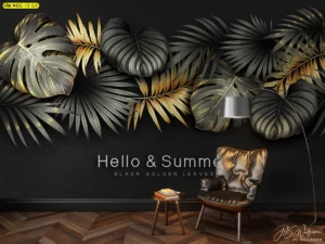 ภาพวอลเปเปอร์ผ้าแคนวาสทอง ดีไซน์ใบไม้ทองดำขนาดใหญ่เหมาะกับตกแต่งโฮเทล คาเฟ่ พื้นที่รับแขกและพักผ่อน ให้บรรยากาศสดชื่น ผ่อนคลาย ดูมีเอกลักษณ์เฉพาะตัว