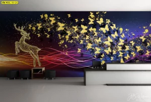 วอลเปเปอร์ผ้าแคนวาสทอง ภาพกวางดีไซน์ด้วยกลิตเตอร์ทองและฝูงผีเสื้อทองปลิวบนพื้นหลังสีม่วงไล่เฉดอย่างมีมิติ