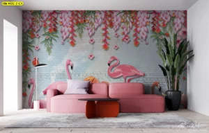 รูปปิดผนังศิลปะฟลามิงโก้ใบไผ่ห้อยระย้าโทนสีชมพูนมเขียวอ่อนบนผนังอิฐขาวสไตล์วินเทจโรแมนติก
