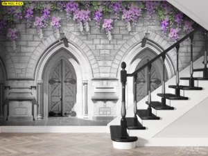 วอลเปเปอร์สถาปัตยกรรมยุโรป แนวโกธิกเมดีวัลตกแต่งล็อบบี้โรงแรมหรูสร้างบรรยากาศลึกลับด้วยดอกไม้สีม่วง