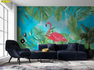 วอลเปเปอร์ลายฟลามิงโก้ ใบไผ่มอนสเตอร่าโทนสีฟ้าเขียวเข้มสร้างบรรยากาศเซ็กซี่ทันสมัยสำหรับคู่รัก