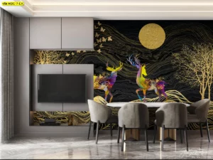 ห้องรับประทานอาหารสไตล์ร่วมสมัยวอลเปเปอร์ลายกวางสีรุ้งบนพื้นดำเก้าอี้สีเทาอ่อนทีวีบิวท์อินสร้างความประทับใจ