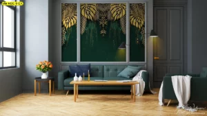 วอลเปเปอร์แคนวาสทอง ดีไซน์ใบไม้ทองแขวนผสานพื้นเขียวมรกต ตกแต่งห้องรับแขกอย่างมีเอกลักษณ์ เพิ่มความหรูหราและสดชื่นให้ร้านอาหารหรือคาเฟ่ พร้อมสร้างพื้นที่ต้อนรับที่สะดุดตา
