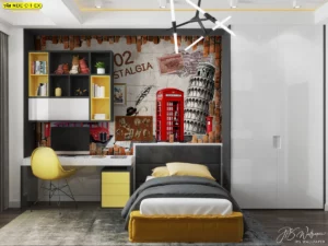 วอลเปเปอร์สั่งพิมพ์ลายยุโรปสำหรับออฟฟิศสไตล์คอลลาจ มีภาพหอเอนปิซ่าและตู้โทรศัพท์สีแดงบนพื้นหลังลายอิฐ