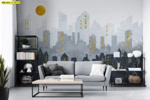 ภาพวิวเมืองใหญ่สีเทาเหลืองตกแต่งห้องนั่งเล่นสไตล์มินิมอลพร้อมโซฟาสีเทาชั้นวางของสีดำตกแต่งแบบโมเดิร์น