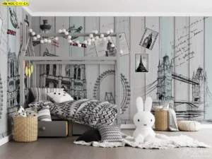 ภาพศิลปะแลนด์มาร์กโลกติดผนังห้องนอนเด็กสไตล์โมเดิร์นพร้อมเตียงสองชั้นและของเล่นตุ๊กตากระต่าย