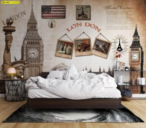 วอลเปเปอร์ติดผนังห้องนอนสไตล์วินเทจลายแลนด์มาร์ก บิ๊กเบน เทพีเสรีภาพ และธงชาติอเมริกา สร้างแรงบันดาลใจในการเดินทาง