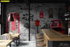 ภาพติดผนังลายลอนดอนสำหรับร้านกาแฟสไตล์อินดัสเทรียลลอฟท์ โทนสีขาวดำตัดกับสีแดงของรถบัสและตู้โทรศัพท์