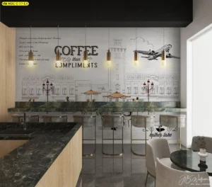 ภาพวอลเปเปอร์ภาพศิลปะตกแต่งร้านกาแฟสไตล์โมเดิร์นมีบาร์เคาน์เตอร์หรูและแสงไฟโทนอุ่นช่วยเสริมบรรยากาศอบอุ่น