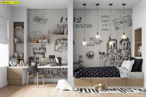 วอลเปเปอร์ลายสเก็ตช์ตึกเมืองสีขาวดำตกแต่งห้องเด็กสไตล์สแกนดิเนเวียนพร้อมเตียงไม้เฟอร์นิเจอร์โทนสีธรรมชาติ