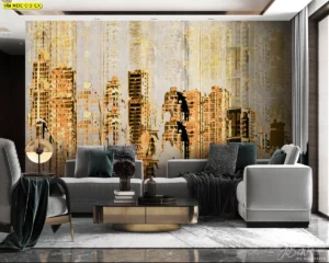 วอลเปเปอร์ภาพตึกเมืองยุโรปสีเหลืองทองตกแต่งห้องนั่งเล่นสไตล์โมเดิร์นลักซ์ชัวรี่พร้อมโซฟาสีเทาเฟอร์นิเจอร์สีดำ