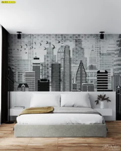 ภาพวิวตึกเมืองขาวดำพร้อมฝูงนกบินตกแต่งห้องนอนสไตล์มินิมอลโมเดิร์นพร้อมเตียงสีขาวเฟอร์นิเจอร์ไม้ธรรมชาติโทนสีอุ่น