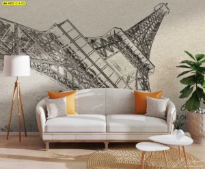 วอลเปเปอร์ภาพวาดแลนด์มาร์ก หอไอเฟลตกแต่งห้องนั่งเล่นสไตล์วินเทจร่วมสมัยพร้อมโซฟาสีครีมและโคมไฟไม้สีอ่อนสร้างบรรยากาศอบอุ่น