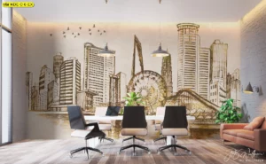 วอลเปเปอร์ลายเมืองใหญ่พร้อมชิงช้าสวรรค์สีน้ำตาลทองตกแต่งห้องประชุมสไตล์โมเดิร์นพร้อมโต๊ะประชุมเก้าอี้สีดำเฟอร์นิเจอร์หรู