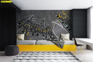 รูปติดผนังห้องนอนลายตึกสูงสีดำเหลืองสไตล์อาร์บันโมเดิร์นมินิมอลพร้อมเตียงโทนสีเหลืองเฟอร์นิเจอร์สีเทาขาว