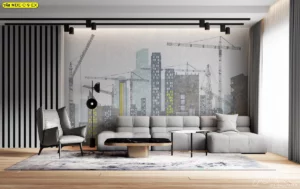 วอลเปเปอร์ภาพตึกเมืองใหม่ระหว่างการก่อสร้างสีเทาขาวตกแต่งห้องนั่งเล่นสไตล์โมเดิร์นมินิมอลพร้อมโซฟาสีเทาเฟอร์นิเจอร์ดำ