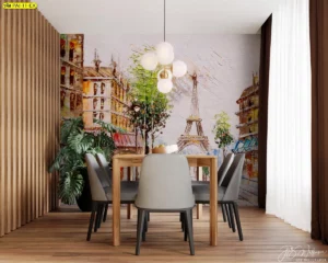 วอลเปเปอร์ภาพพิมพ์ผ้าแคนวาสลายหอไอเฟลและตึกในปารีส เทคนิคสีหนา (Impasto) สำหรับตกแต่งผนังห้องทานอาหาร