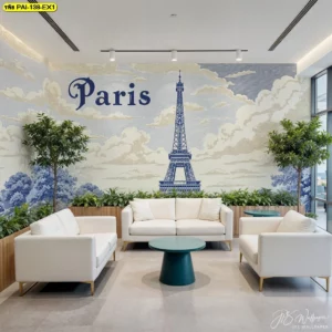 พื้นที่ต้อนรับสไตล์โมเดิร์นตกแต่งด้วย วอลเปเปอร์ภาพวิวปารีส ลายเส้นคลาสสิกรูปหอไอเฟล โทนสีน้ำเงิน-ครีม