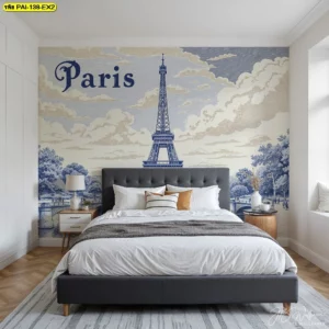 ไอเดียตกแต่งห้องนอนด้วยภาพติดผนังลายหอไอเฟลและท้องฟ้า ดีไซน์วินเทจโทนสีน้ำเงิน-ครีม สร้างบรรยากาศผ่อนคลาย