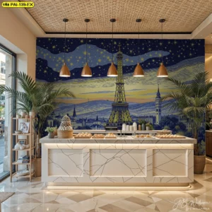 ไอเดียตกแต่งผนังหลังเคาน์เตอร์ด้วย วอลเปเปอร์ภาพศิลปะปารีส แนวยุโรป ช่วยยกระดับพื้นที่ต้อนรับในโครงการเชิงพาณิชย์ให้ดูโดดเด่น