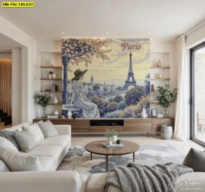 วอลเปเปอร์ภาพวิวปารีส ขนาดใหญ่ติดผนังห้องนั่งเล่นโทนอบอุ่น มีหญิงสาวนั่งชมวิวหอไอเฟลในสไตล์ยุโรปคลาสสิก
