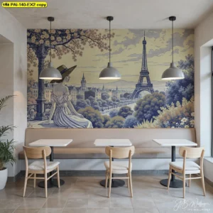 โซนที่นั่งในร้านอาหารตกแต่งด้วยภาพพิมพ์แคนวาสลายปารีสวินเทจเต็มผนัง สร้างบรรยากาศอบอุ่นและมีสไตล์