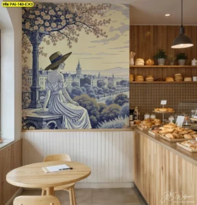 มุมร้านกาแฟตกแต่งด้วยวอลเปเปอร์ลายหญิงสาวมองวิวเมืองปารีส เป็นแรงบันดาลใจในการแต่งบ้านสำหรับคนรักการเดินทาง