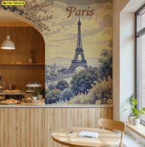 วอลเปเปอร์สั่งพิมพ์ลายปารีสสไตล์วินเทจโปสเตอร์ ติดตั้งบริเวณเคาน์เตอร์ร้านกาแฟที่ตกแต่งด้วยเฟอร์นิเจอร์ไม้