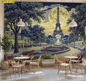 ภาพพิมพ์ติดผนังขนาดใหญ่ไร้รอยต่อลายปารีสและดวงจันทร์ สำหรับตกแต่งร้านอาหารหรือคาเฟ่ สร้างจุดเด่นให้พื้นที่ดูน่าสนใจ
