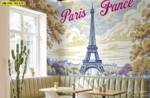 มุมโซฟาในร้านอาหาร ตกแต่งผนังด้วยภาพพิมพ์ลายโปสเตอร์ท่องเที่ยวปารีสสไตล์เรโทร สร้างบรรยากาศให้ร้าน