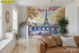 วอลเปเปอร์ติดผนังลายวิวสะพานและแม่น้ำในปารีสสไตล์โปสเตอร์วินเทจ ตกแต่งในห้องนั่งเล่นสไตล์โมเดิร์นข้างบันได