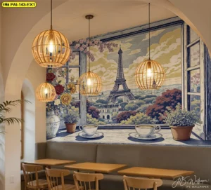 ภาพตกแต่งผนังร้านอาหารด้วย วอลเปเปอร์ภาพวาดปารีส เหนือโซฟายาว ให้บรรยากาศโรแมนติกเหมือนนั่งในคาเฟ่