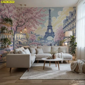 ห้องนั่งเล่นโซฟาสีครีมตกแต่งผนังด้วย วอลเปเปอร์ภาพวาดปารีส ที่มีต้นซากุระสีชมพูสดใส สร้างบรรยากาศอบอุ่น