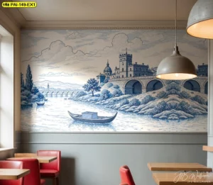 รูปติดผนังลายยุโรปคลาสสิกในร้านอาหารหรูหราเก้าอี้หนังสีแดงและโต๊ะไม้สร้างความเอเลแกนต์