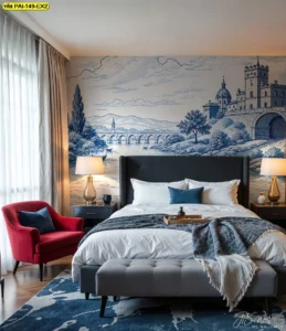 วอลเปเปอร์ห้องนอนยุโรปวินเทจ ลายปราสาทยุโรปสีฟ้าตัดกับเตียงสีเทาและโซฟาสีแดง เพิ่มความโดดเด่นและความหรูหราในห้องนอนอย่างลงตัว