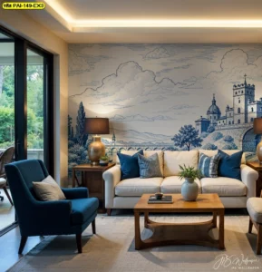 ภาพ วอลเปเปอร์ห้องรับแขกยุโรปคลาสสิก โทนน้ำเงินแทรกสีครีมตัดกับโซฟาครีมและเก้าอี้ผ้าน้ำเงินเข้ม เหมาะสำหรับผู้ชื่นชอบสไตล์หรูหราและกลุ่มวัยกลางคนที่ต้องการบรรยากาศสงบสุขุมเรียบหรูภายในบ้าน