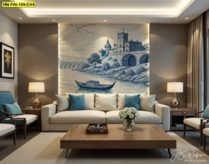 วอลเปเปอร์ยุโรปคลาสสิกโทนน้ำเงินตัดครีมเติมความเย็นตาให้ห้องรับแขกร่วมสมัยเน้นความหรูสุขุมสำหรับผู้ใหญ่รายได้สูงรักศิลปะ