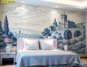 ห้องนอนตกแต่งวอลเปเปอร์ลายวิวปราสาทยุโรปโทนสีฟ้า-ขาว เตียงสีขาวและโคมไฟดีไซน์เข้ากับบรรยากาศทำให้ห้องนอนดูสดชื่นและสะอาดตา