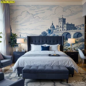 ห้องนอนโมเดิร์นมินิมอลใช้วอลเปเปอร์ภาพวิวปราสาทยุโรปโทนสีน้ำเงิน-ขาวสร้างความสงบและเป็นส่วนตัว