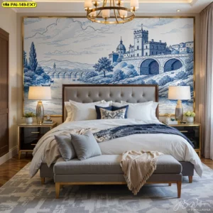 แต่งห้องหรูหราสไตล์คลาสสิกยุโรปใช้ วอลเปเปอร์ห้องนอนยุโรปวินเทจ สีน้ำเงิน-ครีมสร้างความสง่างาม