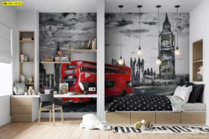 ห้องเด็กตกแต่งด้วยวอลเปเปอร์ภาพวิวลอนดอนและรถบัสสีแดงโทนเทาพร้อมชั้นหนังสือและพื้นที่เรียนรู้