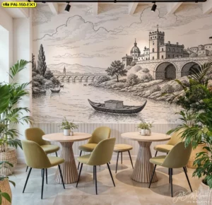 วอลเปเปอร์ภาพวาดวินเทจ ตกแต่งร้านอาหารโมเดิร์นเก้าอี้สีเขียวมะกอกและต้นไม้สร้างบรรยากาศสดชื่น