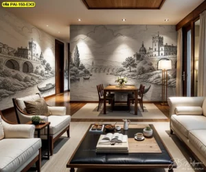 วอลเปเปอร์ห้องรับแขกยุโรปคลาสสิก โทนเซเปียสะท้อนความสงบเรียบหรู สำหรับบ้านสไตล์ลักชัวรีสร้างบรรยากาศอบอุ่นมีระดับ